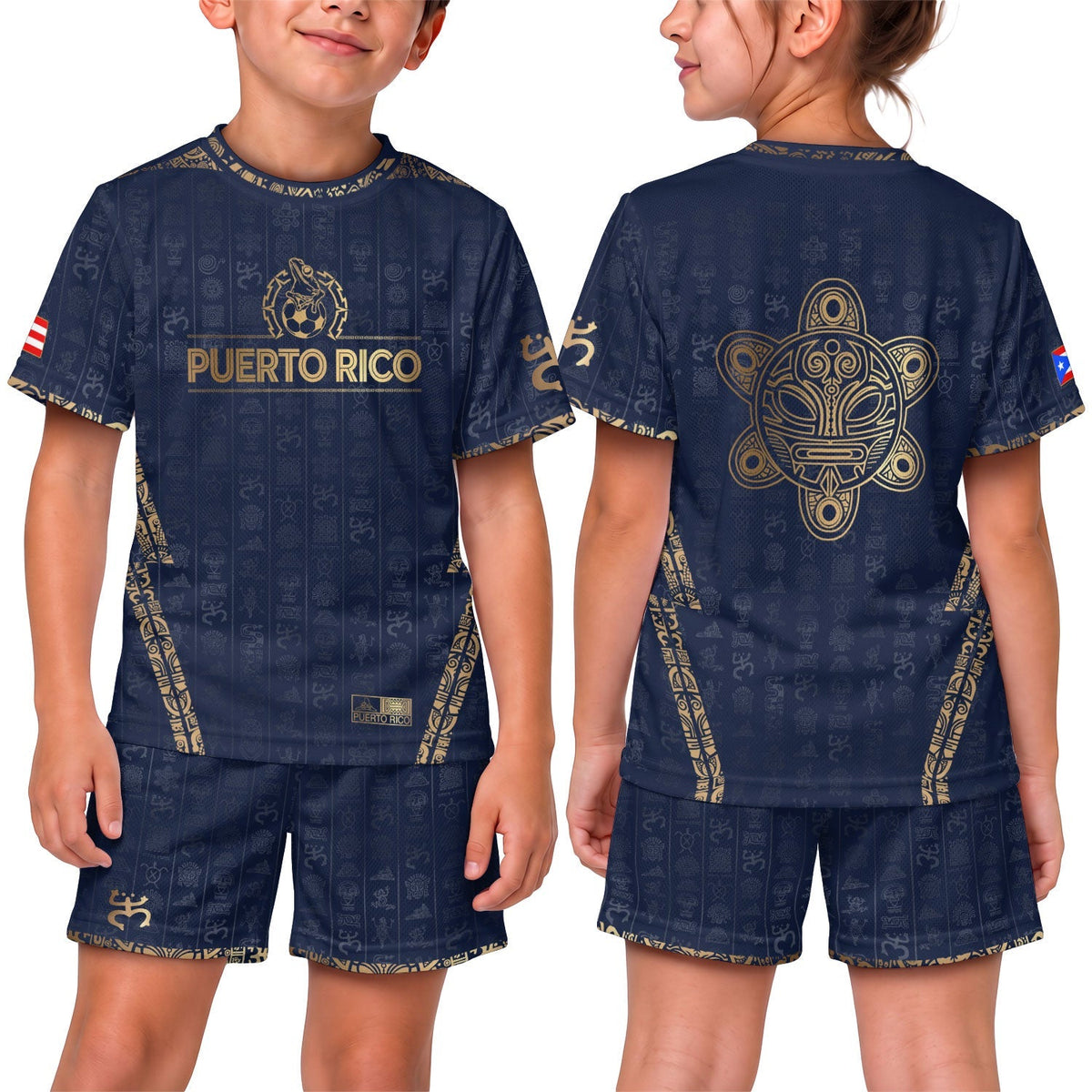 Kids Puerto Rico Soccer Jersey, Navy Gold Taino Sun National for Boy and Girl, Youth Soccer Jersey Meets Puerto Rico Kids Soccer Jersey, Northryn Co.