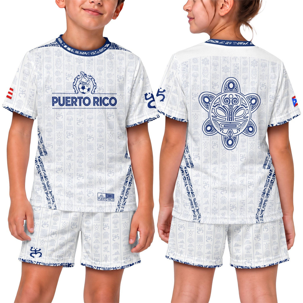 Kids Puerto Rico Soccer Jersey, White Blue Taino Sun National for Boy and Girl, Youth Soccer Jersey Meets Puerto Rico Kids Soccer Jersey, Northryn Co.