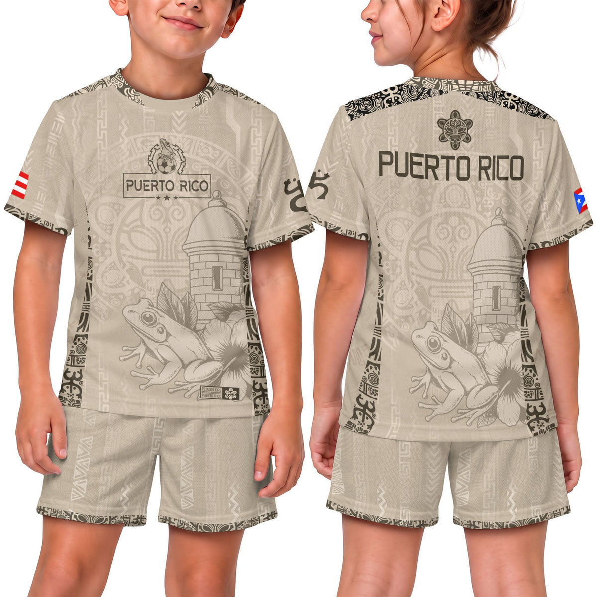 Kids Puerto Rico Soccer Jersey, Beige Gold Coqui Frog Floral for Boy and Girl, Youth Soccer Jersey Meets Puerto Rico Kids Soccer Jersey, Northryn Co.
