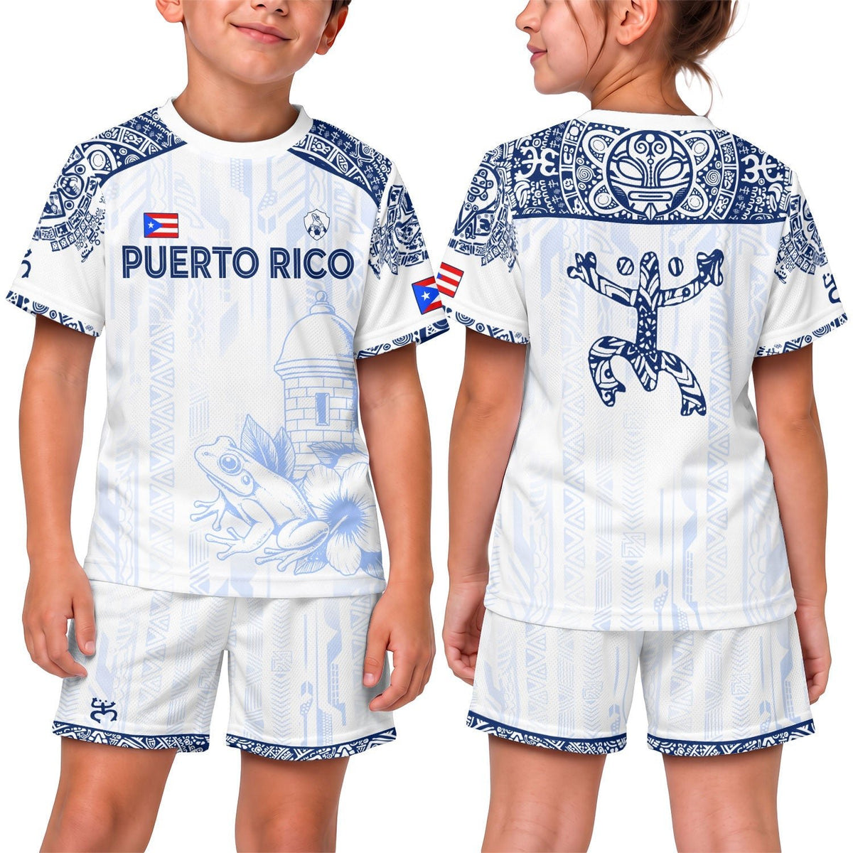 Kids Puerto Rico Soccer Jersey, White Blue Coqui Frog Garita for Boy and Girl, Youth Soccer Jersey Meets Puerto Rico Kids Soccer Jersey, Northryn Co.