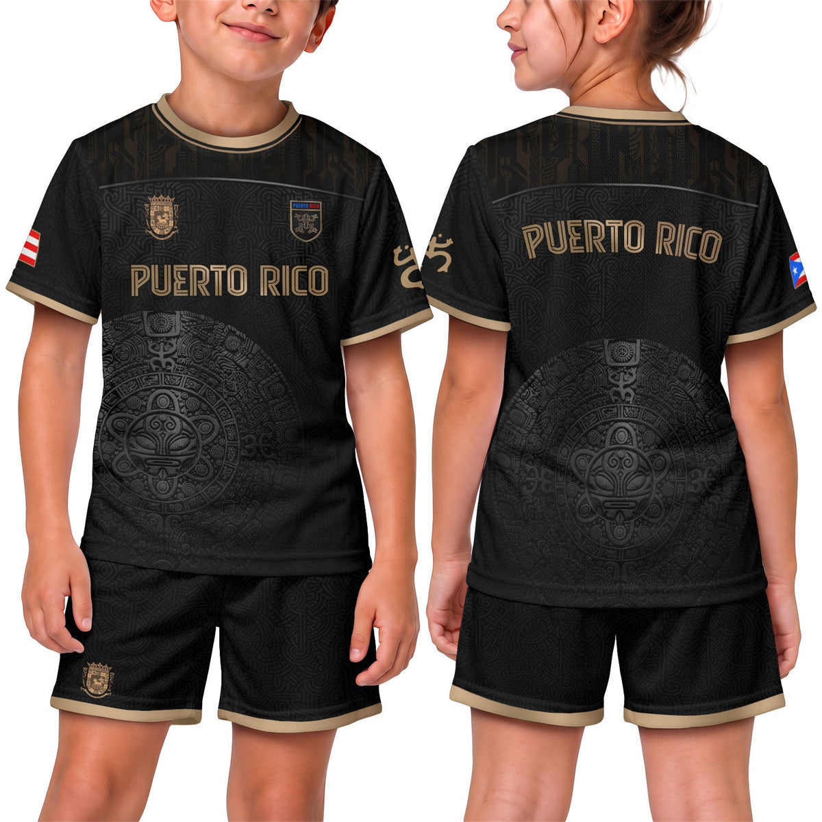 Kids Puerto Rico Soccer Jersey, Black Gold Taino Sun National for Boy and Girl, Youth Soccer Jersey Meets Puerto Rico Kids Soccer Jersey, Northryn Co.