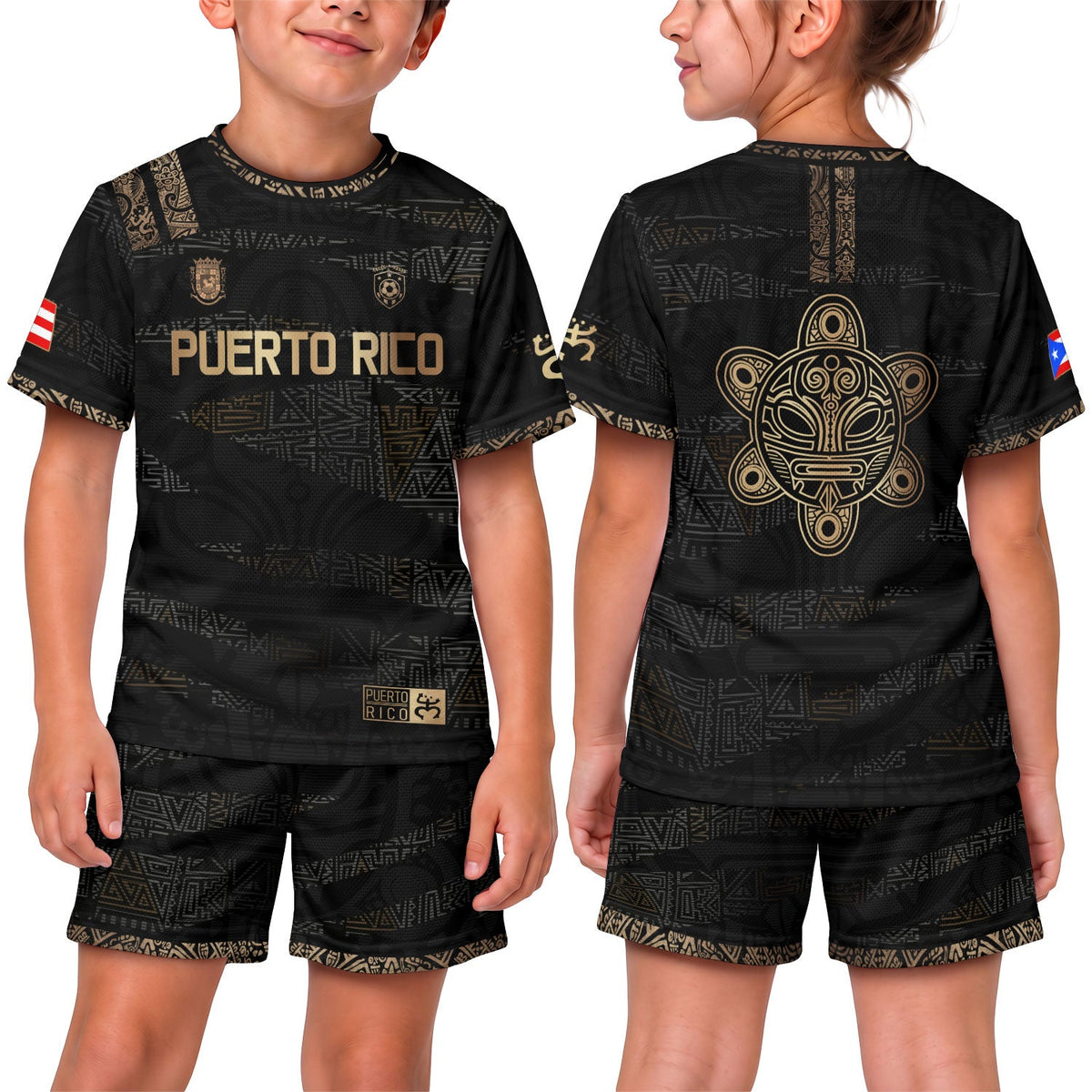 Kids Puerto Rico Soccer Jersey, Black Gold Taino Tribal Pattern for Boy and Girl, Youth Soccer Jersey and Puerto Rico Kids Soccer Jersey, Northryn Co.