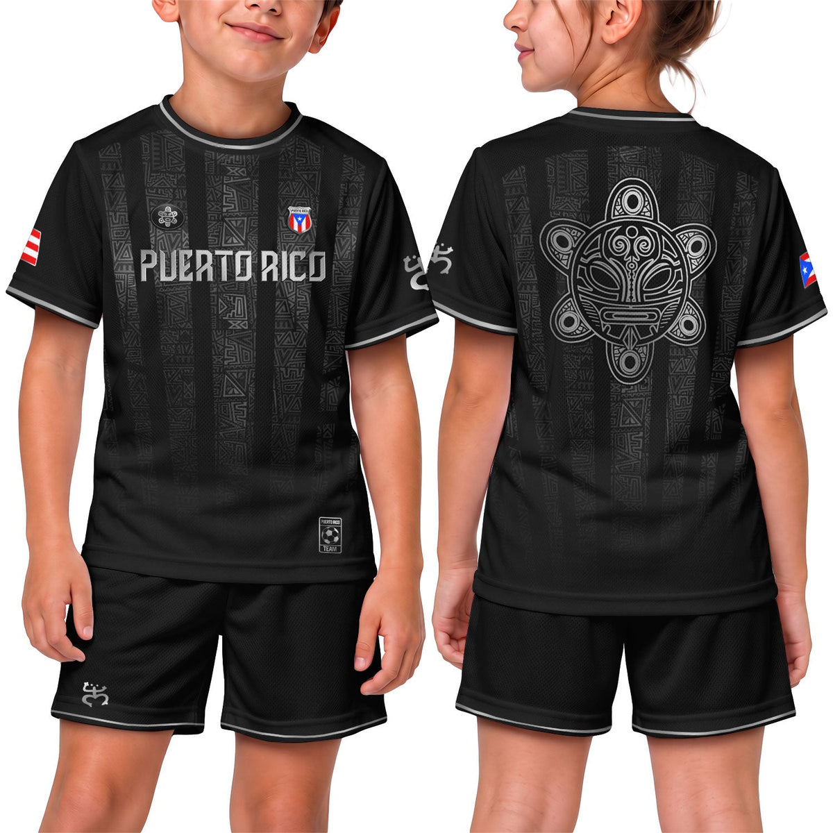 Kids Puerto Rico Soccer Jersey for Boy and Girl, Black Silver Taino Tribal Vertical, Youth Soccer Jersey, Puerto Rico Kids Soccer Jersey, Northryn Co.