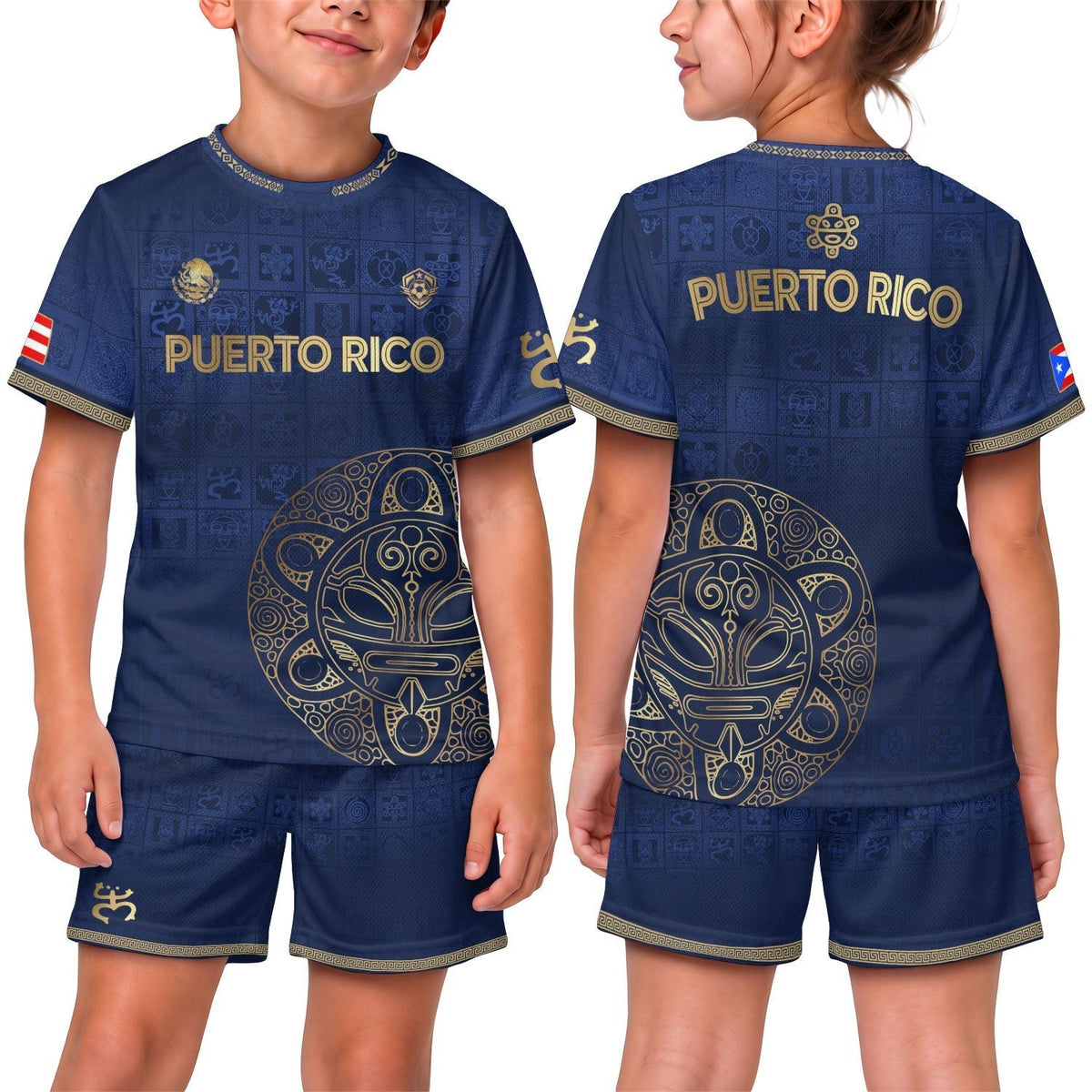 Navy Gold Taino, Kids Puerto Rico Soccer Jersey with Symbols Grid for Boy and Girl, Puerto Rico Kids Soccer Jersey, Youth Soccer Jersey, Northryn Co.