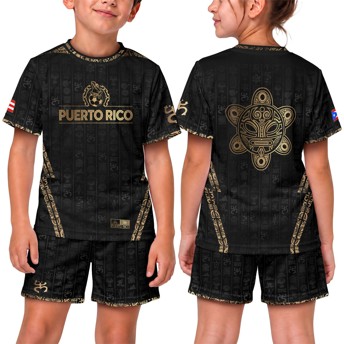 Kids Puerto Rico Soccer Jersey, Black Gold Taino Sun National for Boy and Girl, Youth Soccer Jersey Meets Puerto Rico Kids Soccer Jersey, Northryn Co.