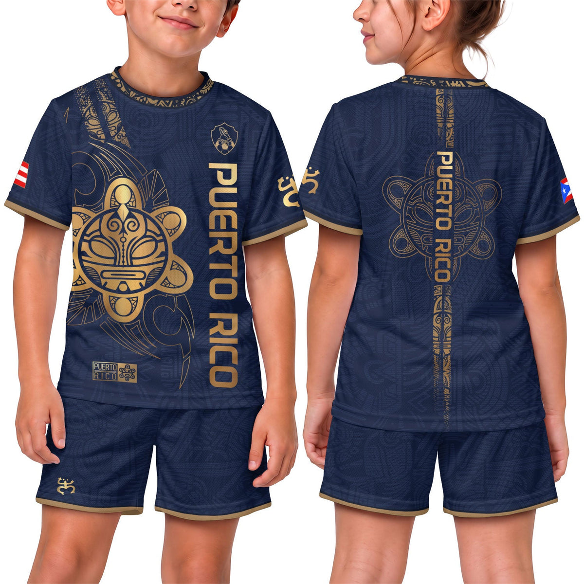 Kids Puerto Rico Soccer Jersey, Navy Gold Taino Sun Vertical Text for Boy and Girl, Youth Soccer Jersey, Puerto Rico Kids Soccer Jersey, Northryn Co.