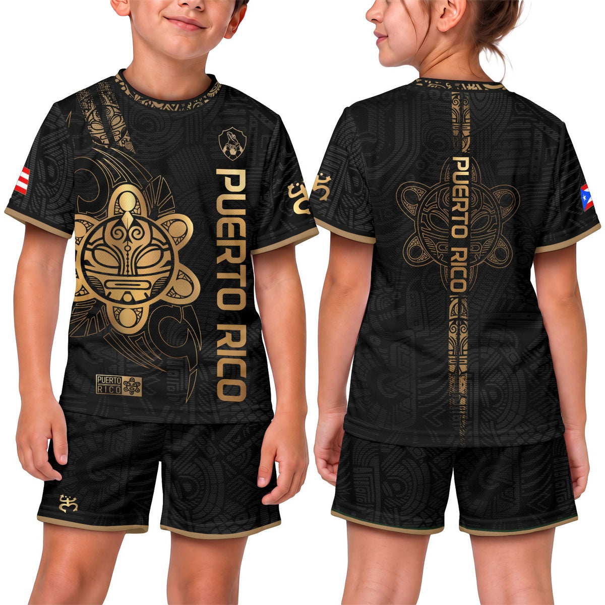 Black Gold Side, Kids Puerto Rico Soccer Jersey for Boy and Girl with Taino Sun, Puerto Rico Kids Soccer Jersey with Youth Soccer Jersey, Northryn Co.