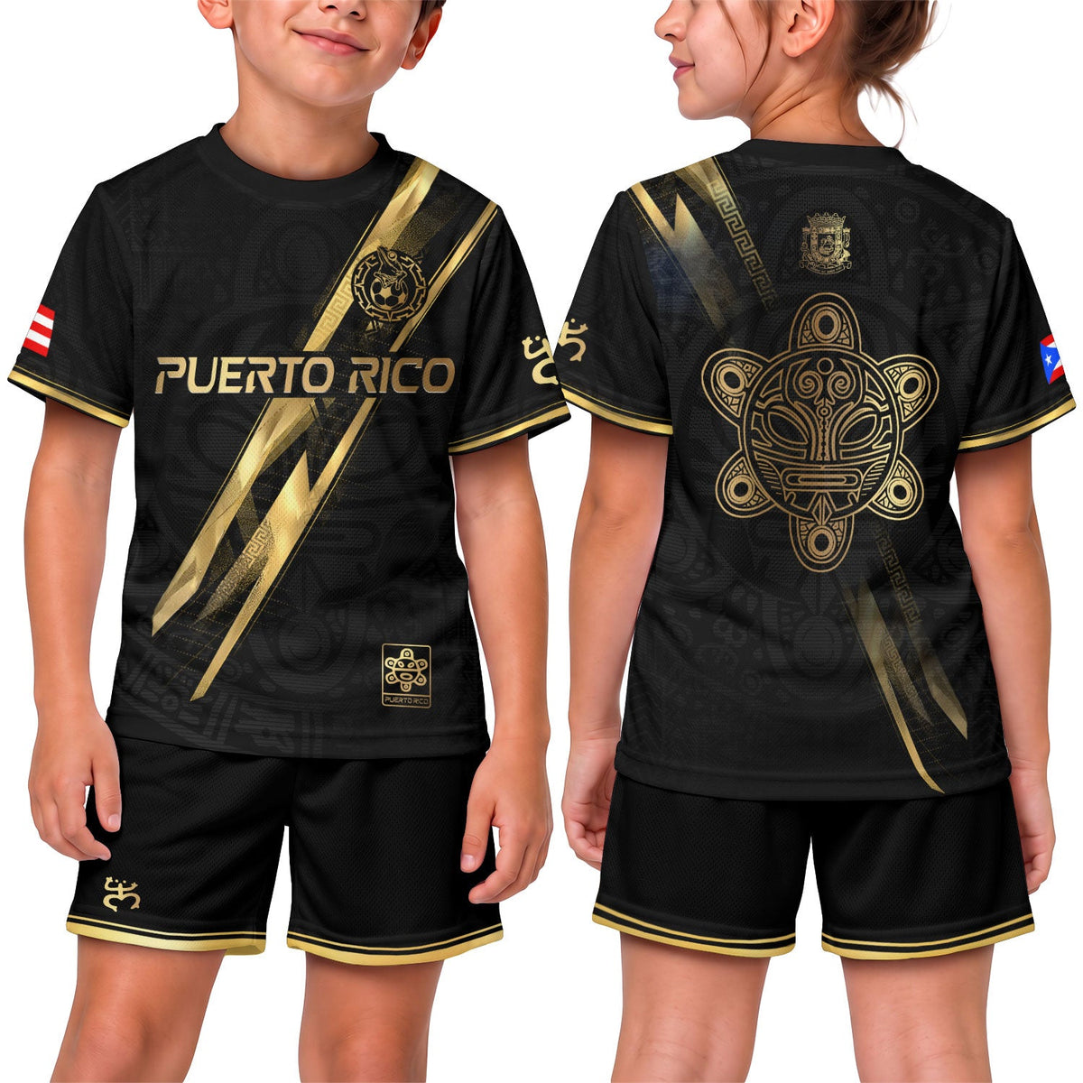 Kids Puerto Rico Soccer Jersey, Black Gold Lightning Graphic Taino for Boy and Girl, Youth Soccer Jersey, Puerto Rico Kids Soccer Jersey, Northryn Co.