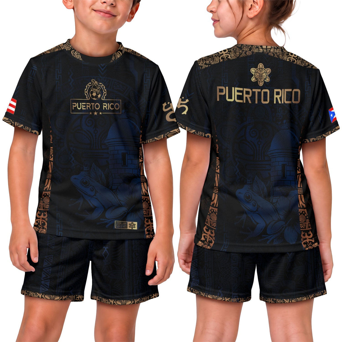 Navy Gold Taino, Kids Puerto Rico Soccer Jersey with Sun National for Boy and Girl, Puerto Rico Kids Soccer Jersey, Youth Soccer Jersey, Northryn Co.