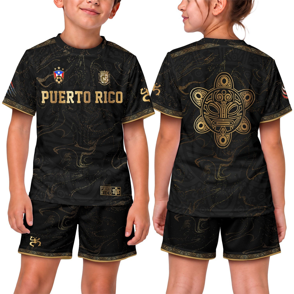 Kids Puerto Rico Soccer Jersey, Black Gold Abstract Taino Sun for Boy and Girl, Youth Soccer Jersey Meets Puerto Rico Kids Soccer Jersey, Northryn Co.
