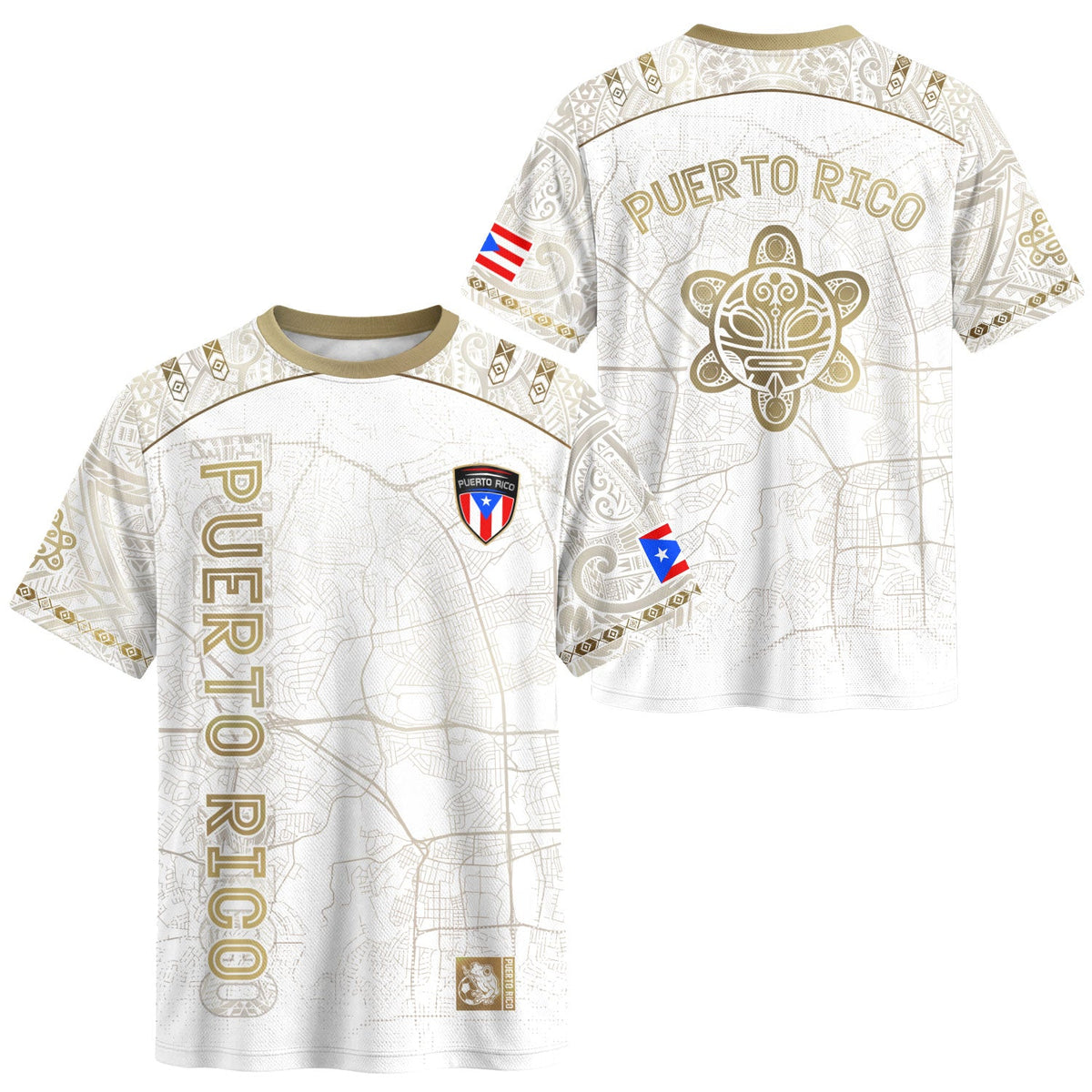 Taino Sun White Gold Puerto Rico Soccer Jersey for Men and Women, Street Map National Heritage, Puerto Rico Jersey and Puerto Rico Shirt, Northryn Co.