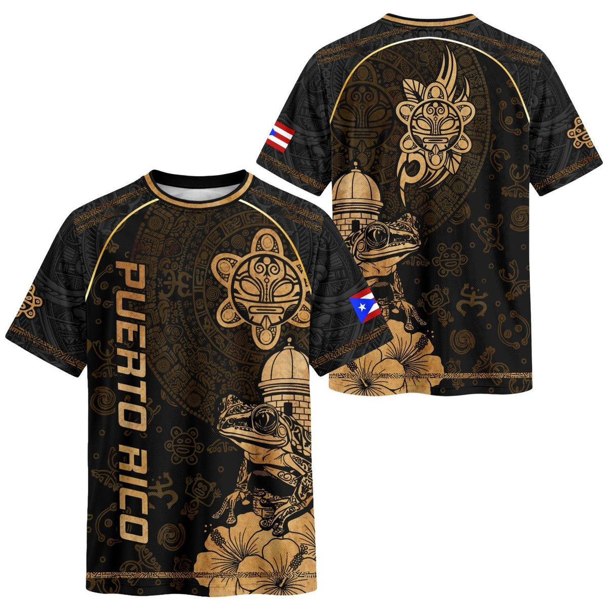 Puerto Rico Soccer Jersey in Black Gold for Men and Women, Coqui Frog Garita Flower National, Puerto Rico Shirt and Puerto Rico Jersey, Northryn Co.