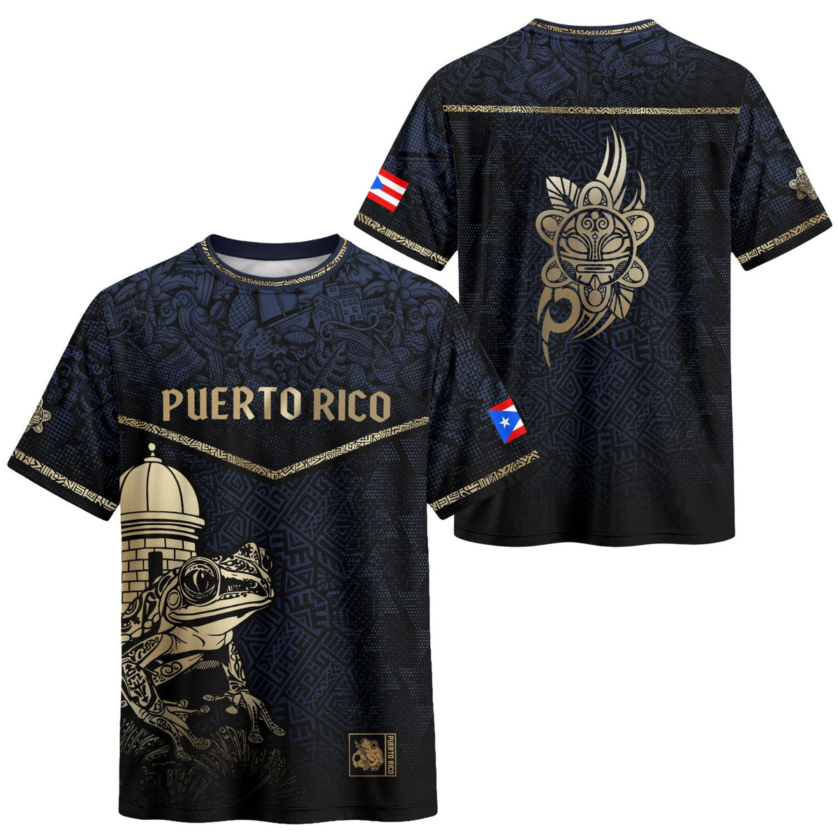 Puerto Rico Soccer Jersey in Navy Gold for Men and Women, Coqui Frog Garita Taino Sun National, Puerto Rico Shirt and Puerto Rico Jersey, Northryn Co.