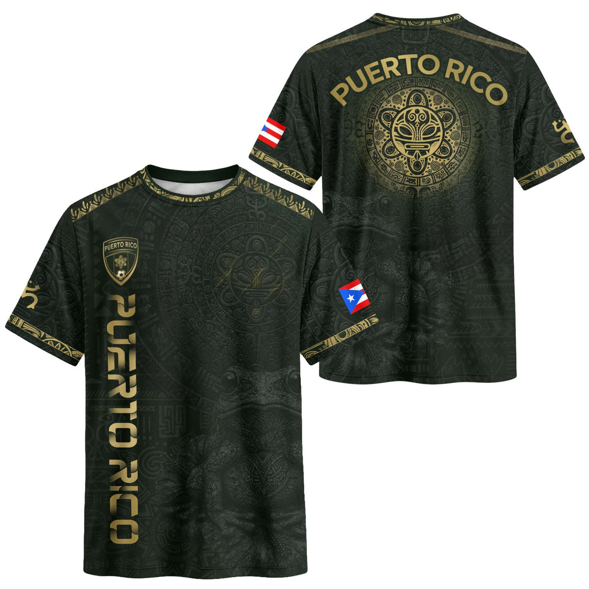 Puerto Rico Soccer Jersey in Green Gold for Men and Women, Coqui Frog Taino Sun Heritage, Top Puerto Rico Shirt and Puerto Rico Jersey, Northryn Co.