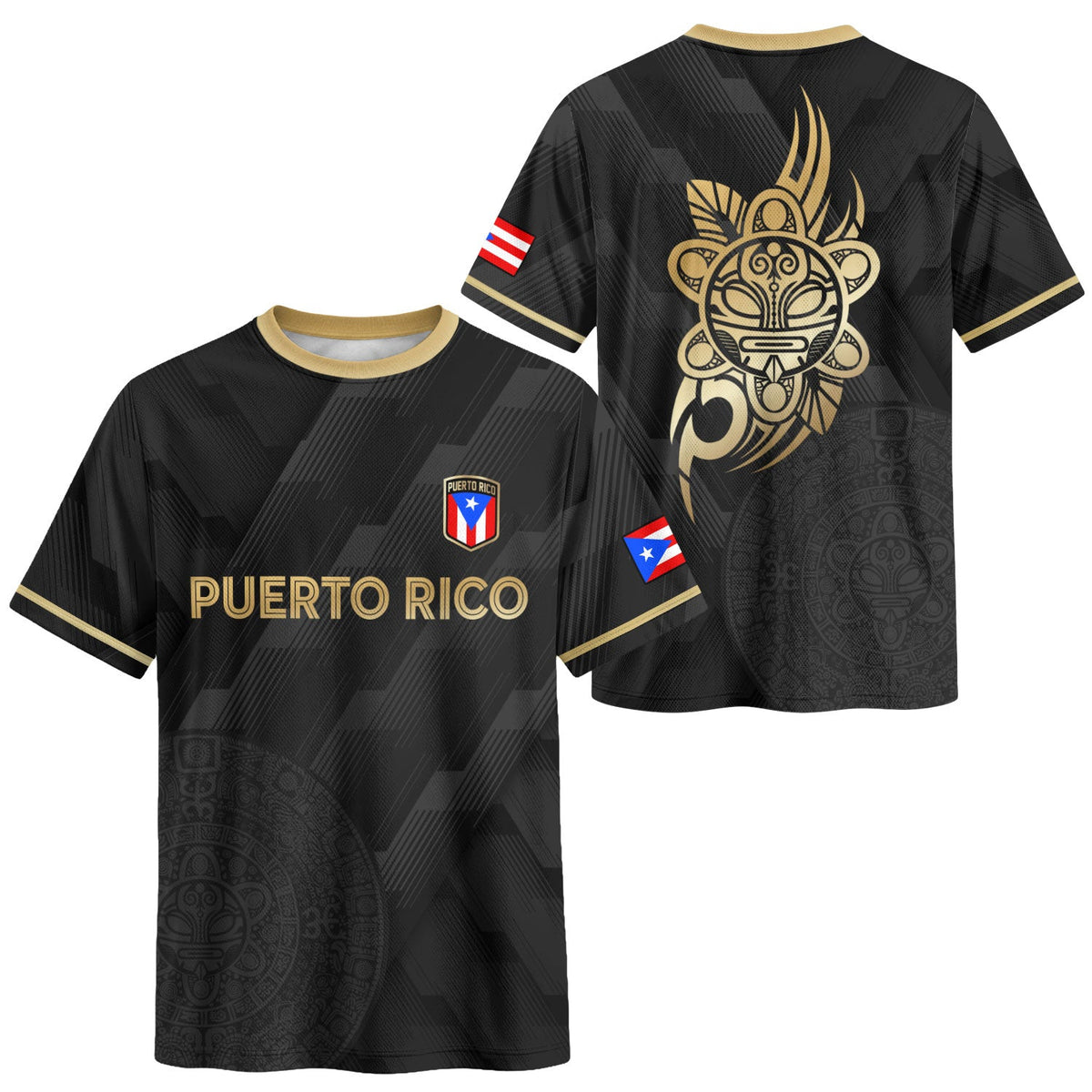 Flag Boricua Gold Black Puerto Rico Soccer Jersey for Men and Women, Taino Tribal Mask National, Puerto Rico Jersey, Puerto Rico Shirt, Northryn Co.