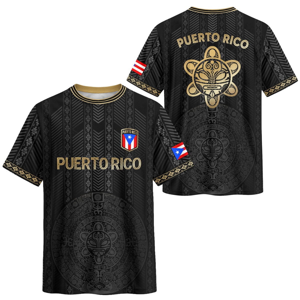 Puerto Rico Soccer Jersey in Flag Boricua Taino Tribal Patterns Gold for Men and Women, Black, Puerto Rico Shirt and Puerto Rico Jersey, Northryn Co.