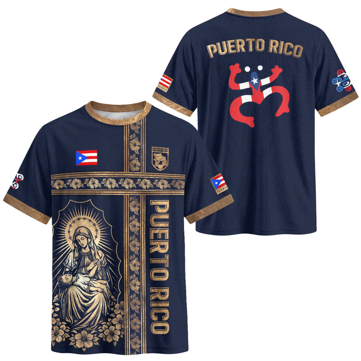 Puerto Rico Soccer Jersey in Flag Virgin Mary Blessed Mother Navy for Men and Women, Gold, Top Puerto Rico Shirt and Puerto Rico Jersey, Northryn Co.