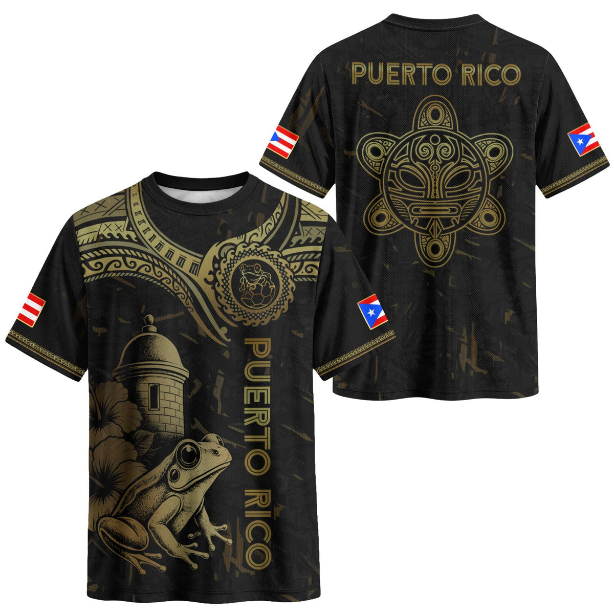 Puerto Rico Soccer Jersey in Coqui Frog El Morro Taino Tribal Black for Men and Women, Gold Pride, Puerto Rico Jersey, Puerto Rico Shirt, Northryn Co.