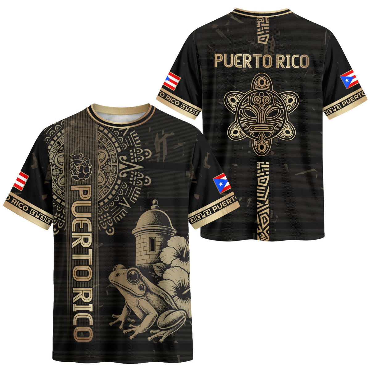 Coqui Frog Black Gold Puerto Rico Soccer Jersey for Men and Women, El Morro Taino National, Top Puerto Rico Shirt and Puerto Rico Jersey, Northryn Co.