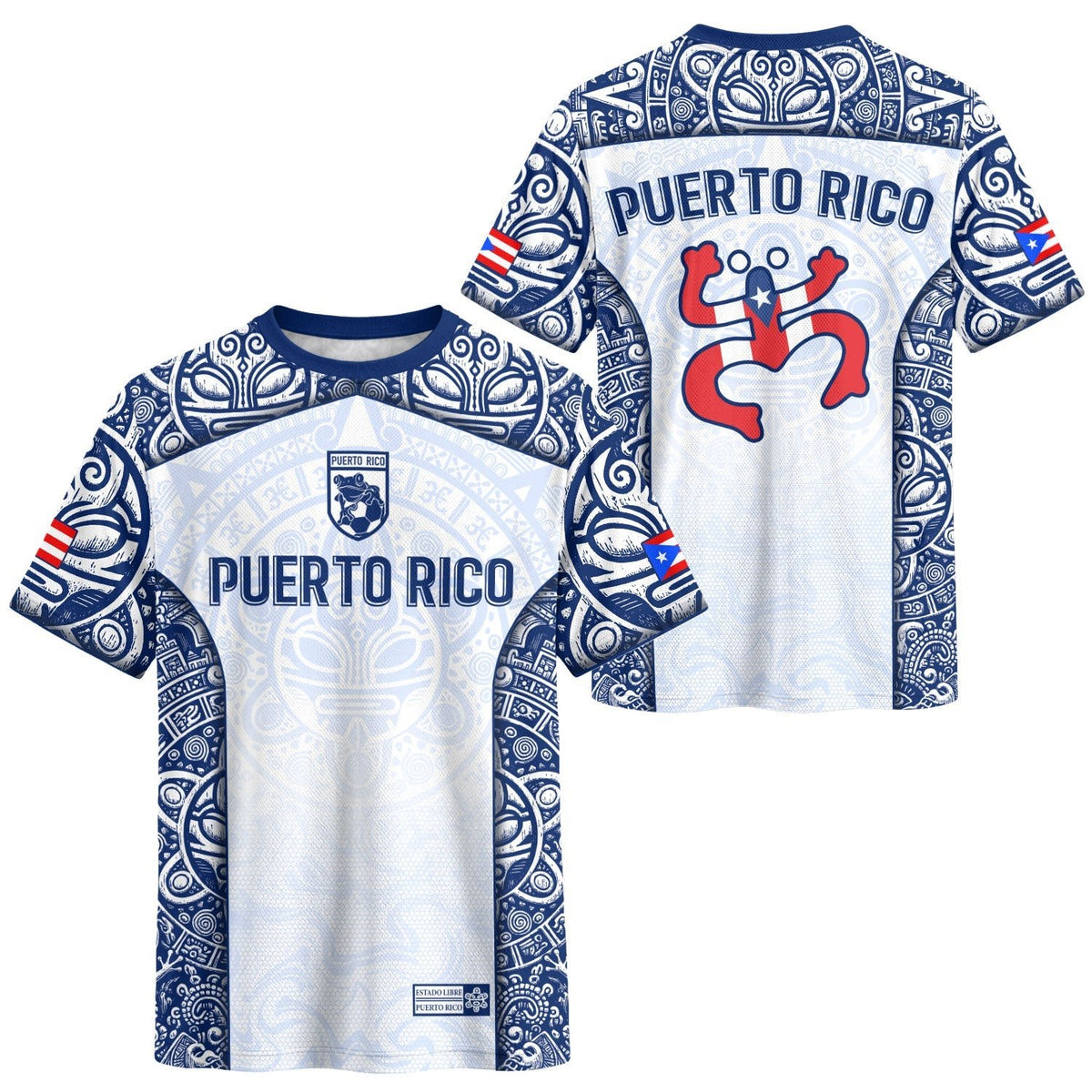 Puerto Rico Soccer Jersey in Coqui Frog Taino Tribal White for Men and Women, Royal Blue National, Puerto Rico Shirt, Puerto Rico Jersey, Northryn Co.