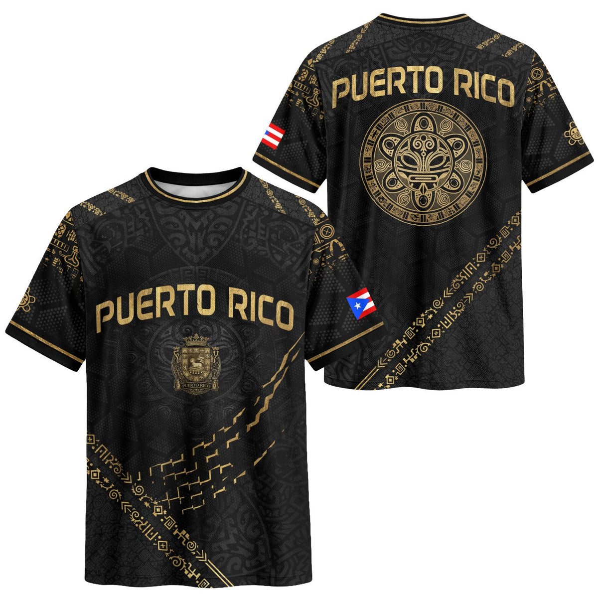 Puerto Rico Soccer Jersey in Elite Black for Men and Women, Gold Taino Sun & Shield Heritage, Puerto Rico Jersey and Puerto Rico Shirt, Northryn Co.