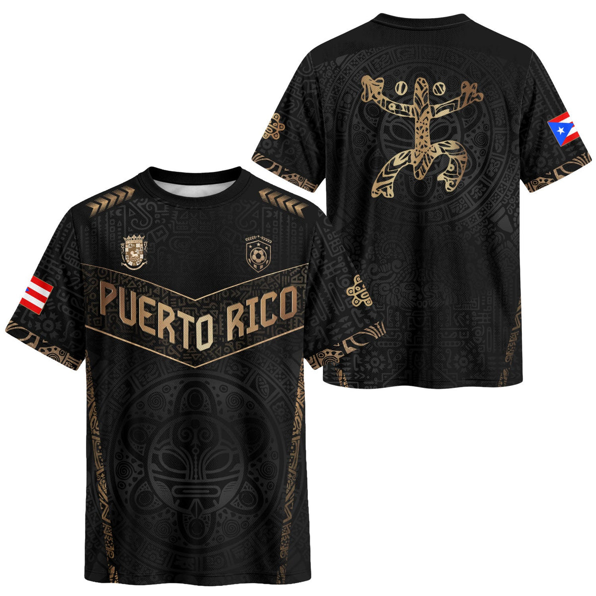 Puerto Rico Soccer Jersey in Black Gold for Men and Women, - Coquí Frog & Taino Sun - V-Shape, Puerto Rico Shirt and Puerto Rico Jersey, Northryn Co.