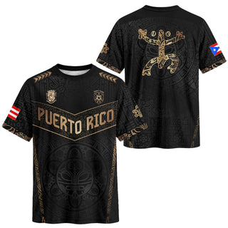 Puerto Rico Soccer Jersey in Black Gold for Men and Women, - Coquí Frog & Taino Sun - V-Shape, Puerto Rico Shirt and Puerto Rico Jersey, Northryn Co.