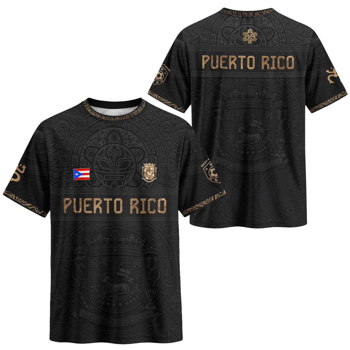 Puerto Rico Soccer Jersey in Black Gold for Men and Women, Taino Sun & Coat of Arms, Bold Puerto Rico Shirt for Puerto Rico Jersey Looks, Northryn Co.