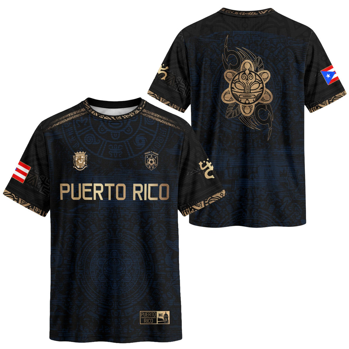 Taino Sun Navy Gold Puerto Rico Soccer Jersey for Men and Women, - Calendar Design - Boricua, Puerto Rico Shirt and Puerto Rico Jersey, Northryn Co.