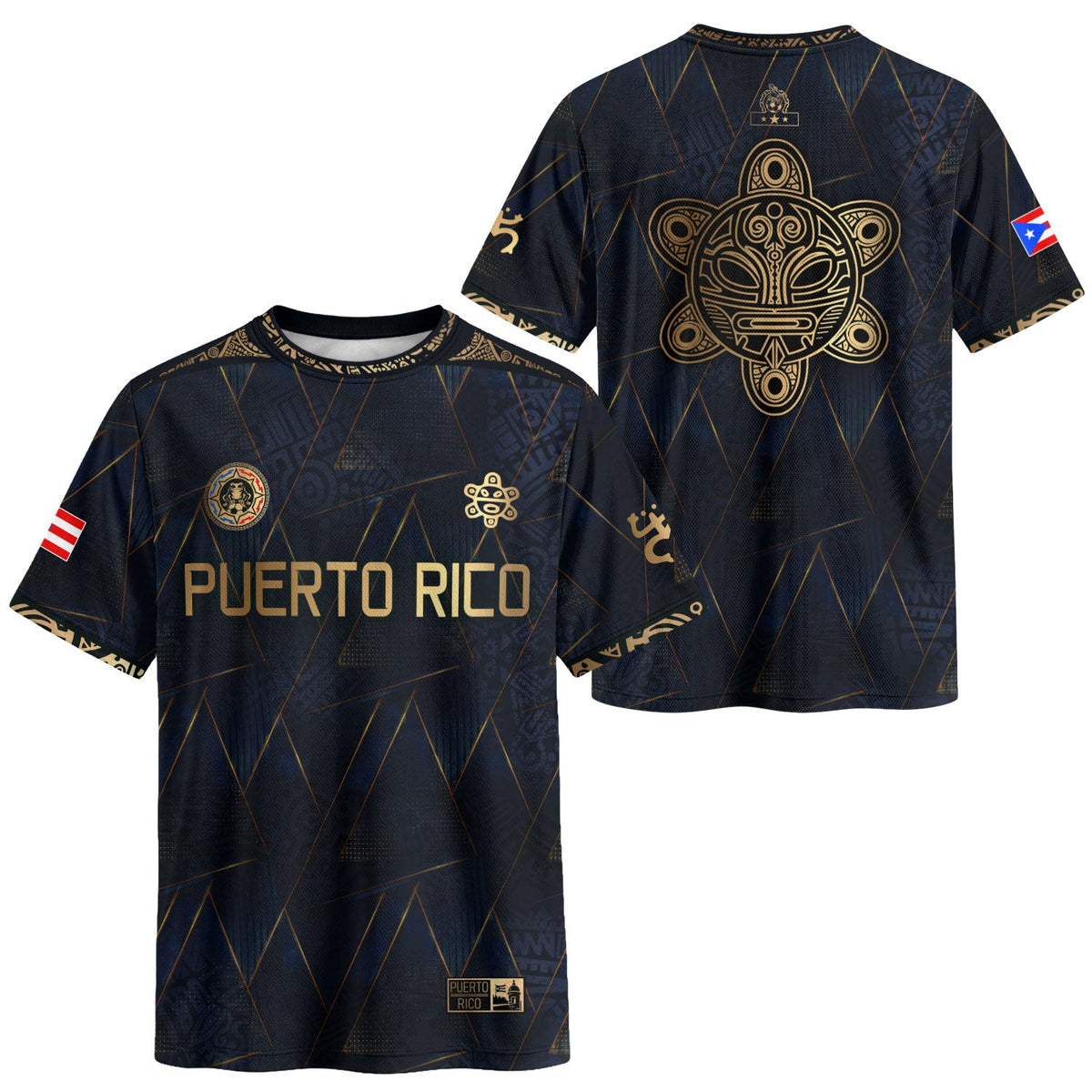 Puerto Rico Soccer Jersey in Navy Gold for Men and Women, - Geometric Taino Sun Design - Boricua, Puerto Rico Jersey, Puerto Rico Shirt, Northryn Co.