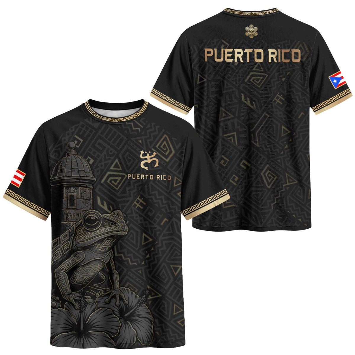 Coqui Frog Black Gold Puerto Rico Soccer Jersey for Men and Women, Taino Pattern Patriotic, Top Puerto Rico Jersey and Puerto Rico Shirt, Northryn Co.
