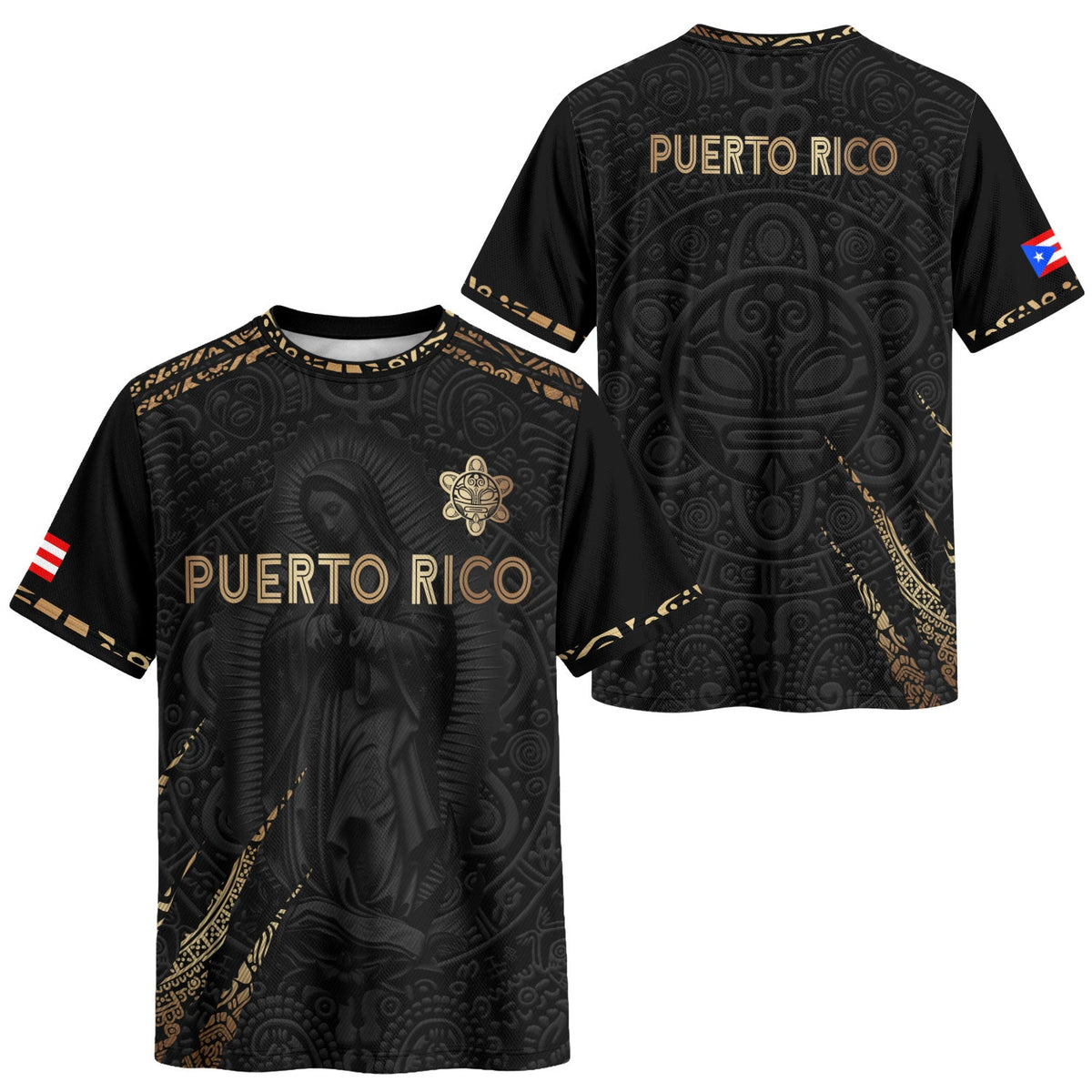 Puerto Rico Soccer Jersey with Virgin Mary for Men and Women, Guadalupe Taino Pattern Black Gold, Puerto Rico Shirt, Puerto Rico Jersey, Northryn Co.