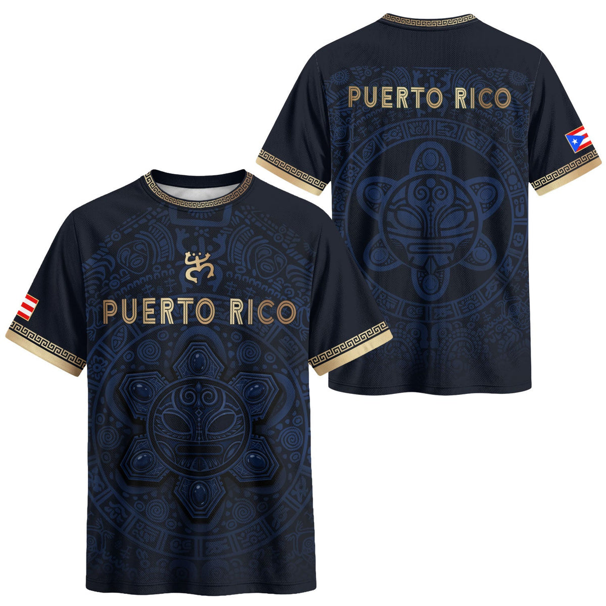 Taino Sun Navy Gold Puerto Rico Soccer Jersey for Men and Women, Pattern National Pride Gear, Puerto Rico Shirt and Puerto Rico Jersey, Northryn Co.