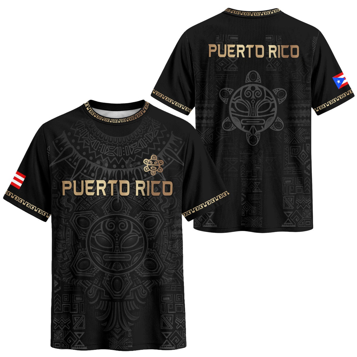 Puerto Rico Soccer Jersey in Black Gold for Men and Women, Taino Pattern National Pride Apparel, Puerto Rico Jersey, Puerto Rico Shirt, Northryn Co.