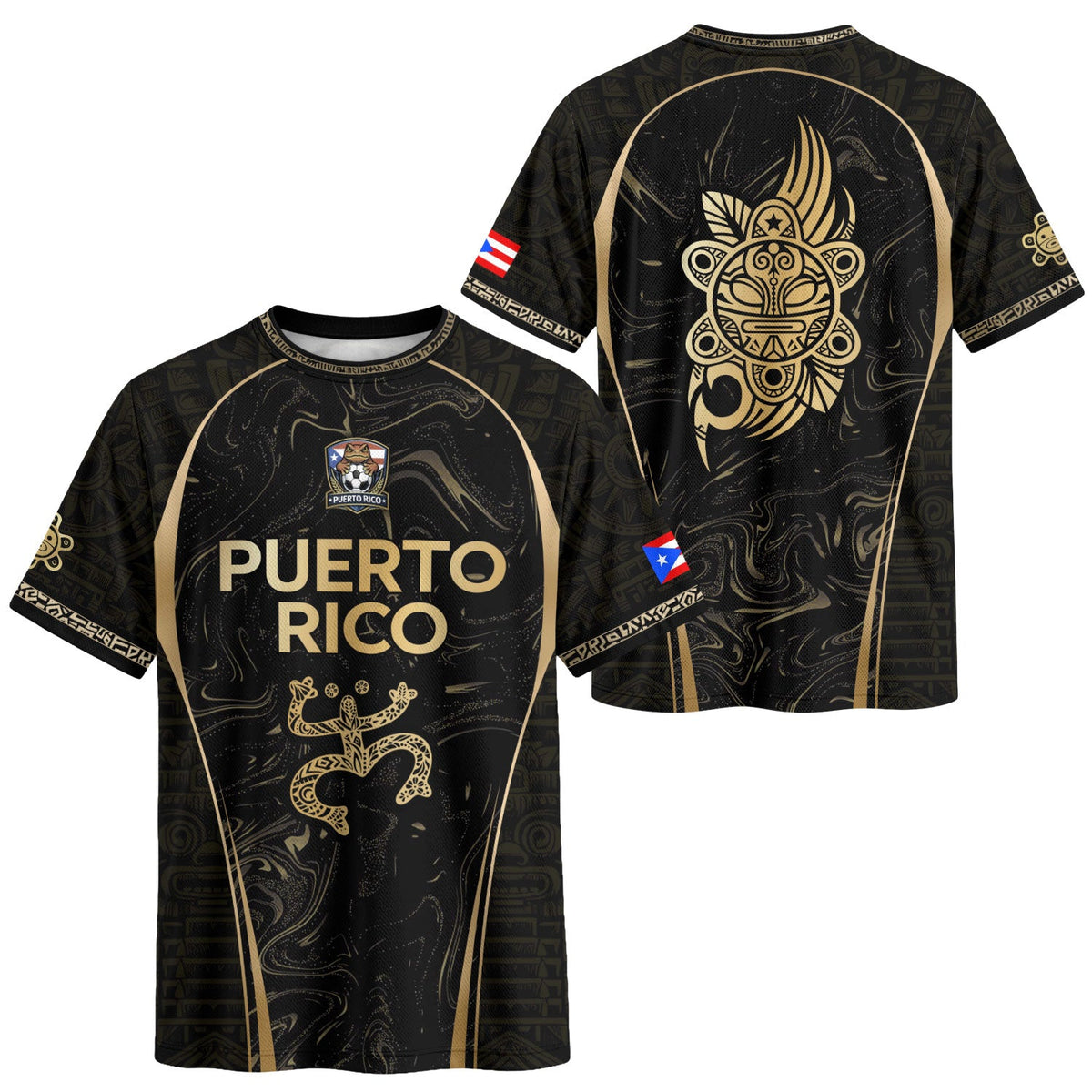 Heritage Black Gold Puerto Rico Soccer Jersey for Men and Women, Coqui Taino Marble Pattern, Puerto Rico Shirt and Puerto Rico Jersey, Northryn Co.