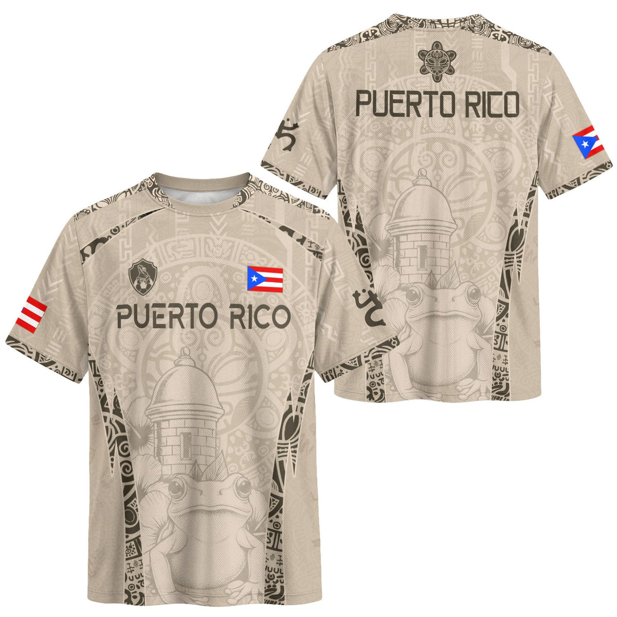 Puerto Rico Soccer Jersey in Orgullo Beige for Men and Women, Coqui Frog El Morro Fortress, Top Puerto Rico Jersey and Puerto Rico Shirt, Northryn Co.