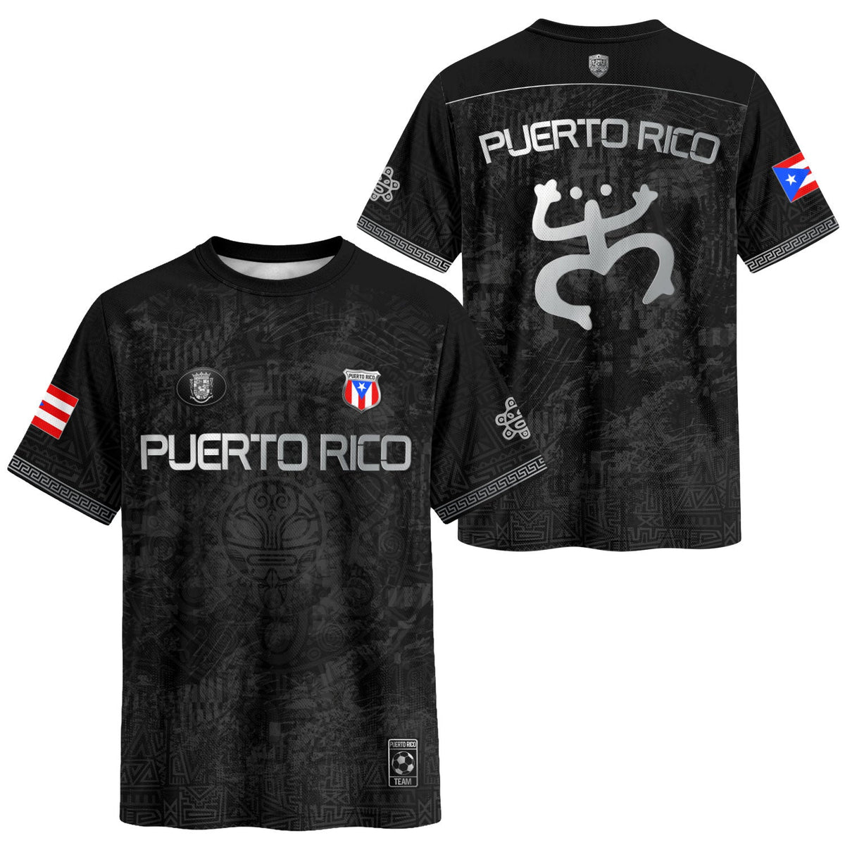 Puerto Rico Soccer Jersey for Men and Women, Black Taino Tribal Design & Coqui Emblem Edition, Puerto Rico Jersey and Puerto Rico Shirt, Northryn Co.