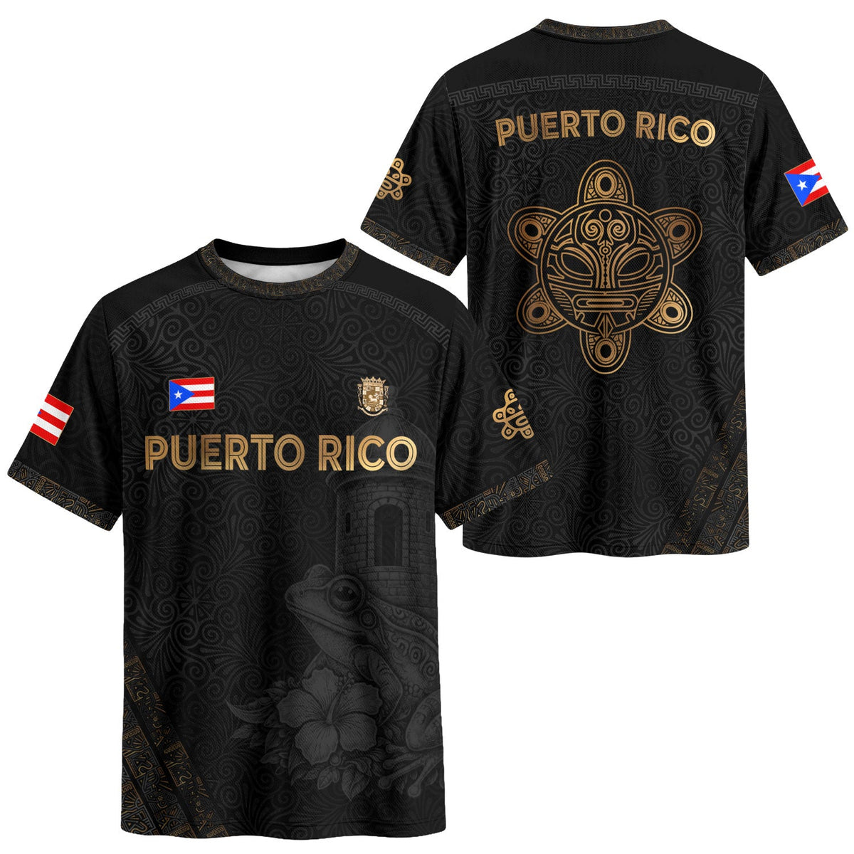 Puerto Rico Soccer Jersey with El Morro for Men and Women, & Coqui Frog - Taino Sun Black Gold, Puerto Rico Shirt and Puerto Rico Jersey, Northryn Co.