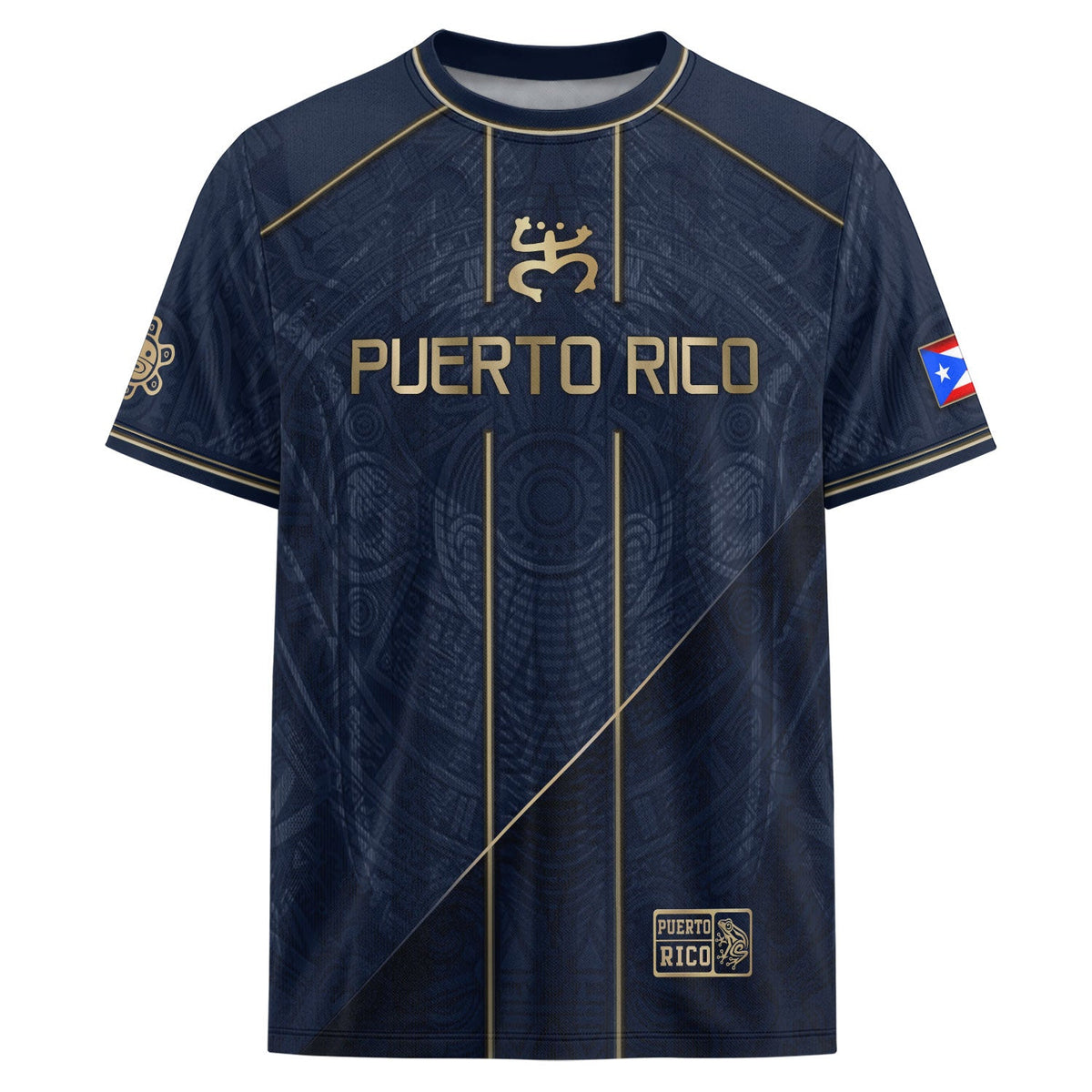 Puerto Rico Soccer Jersey in Elite Navy for Men and Women, Gold Taino Pattern Boricua Pride Top, Puerto Rico Jersey, Puerto Rico Shirt, Northryn Co.