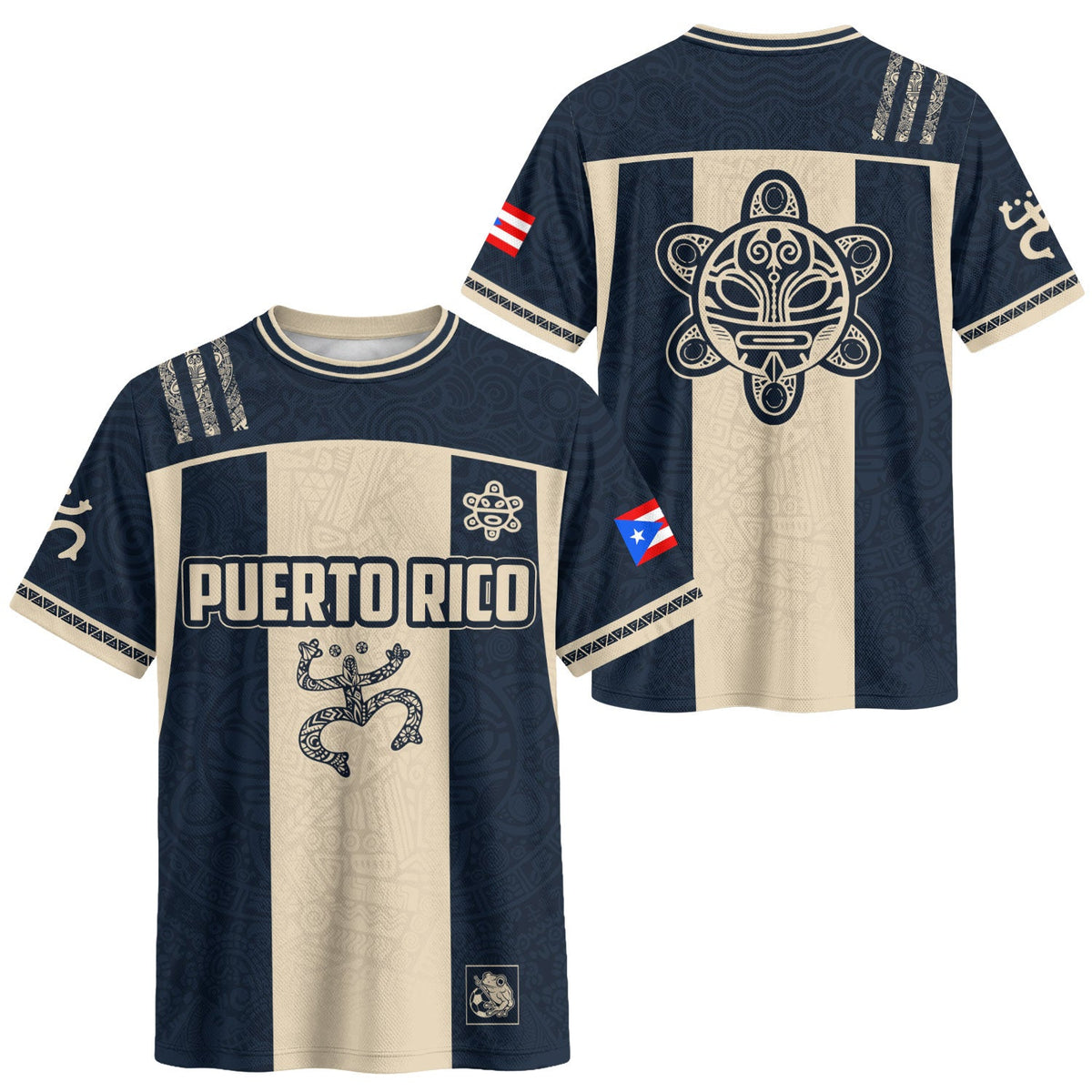 Taino Coqui Navy Beige Puerto Rico Soccer Jersey for Men and Women, Flag PR Heritage Art, Top Puerto Rico Shirt and Puerto Rico Jersey, Northryn Co.