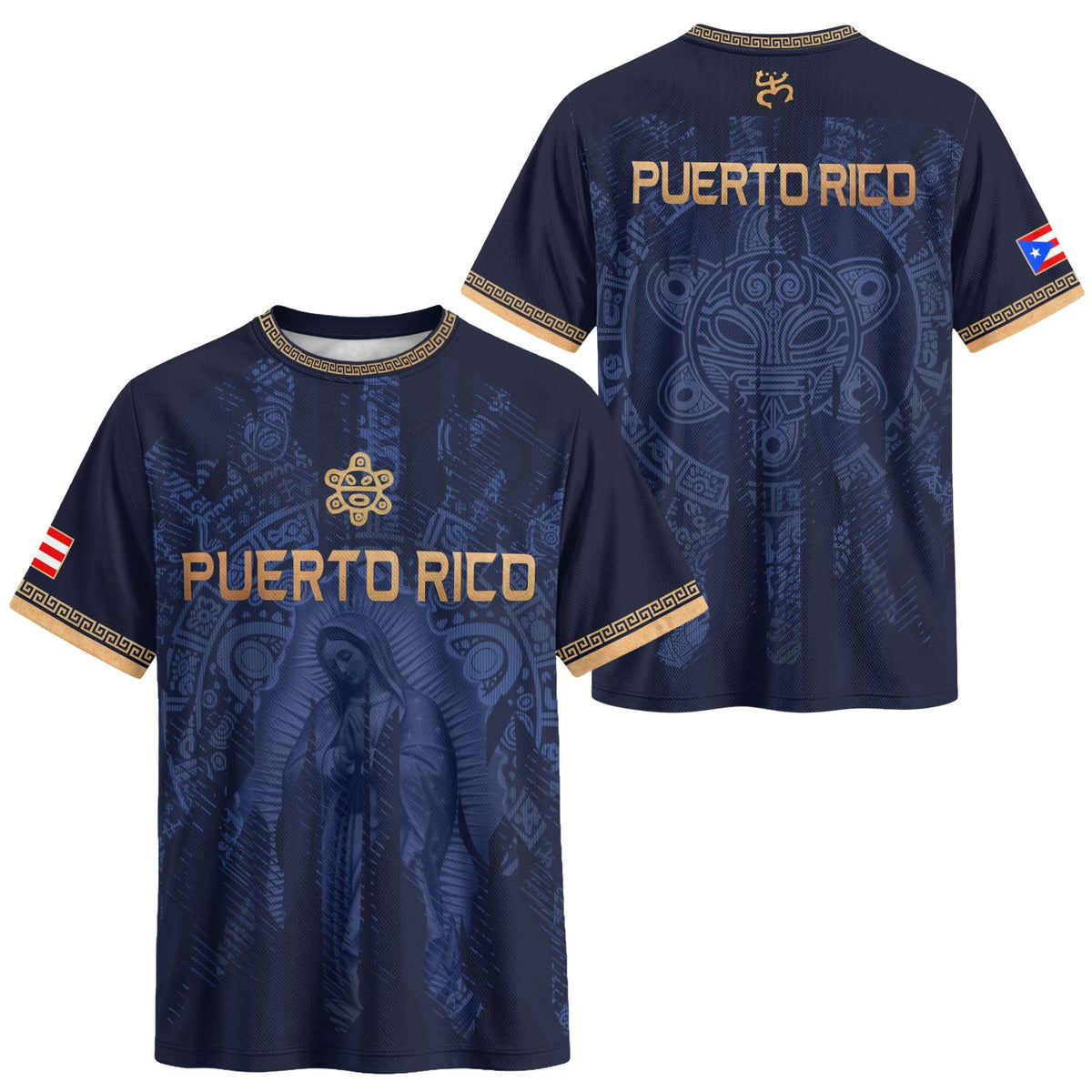 Puerto Rico Soccer Jersey for Men and Women, Navy Gold Virgin Mary Catholic Faith Taino Symbols, Puerto Rico Shirt, Puerto Rico Jersey, Northryn Co.