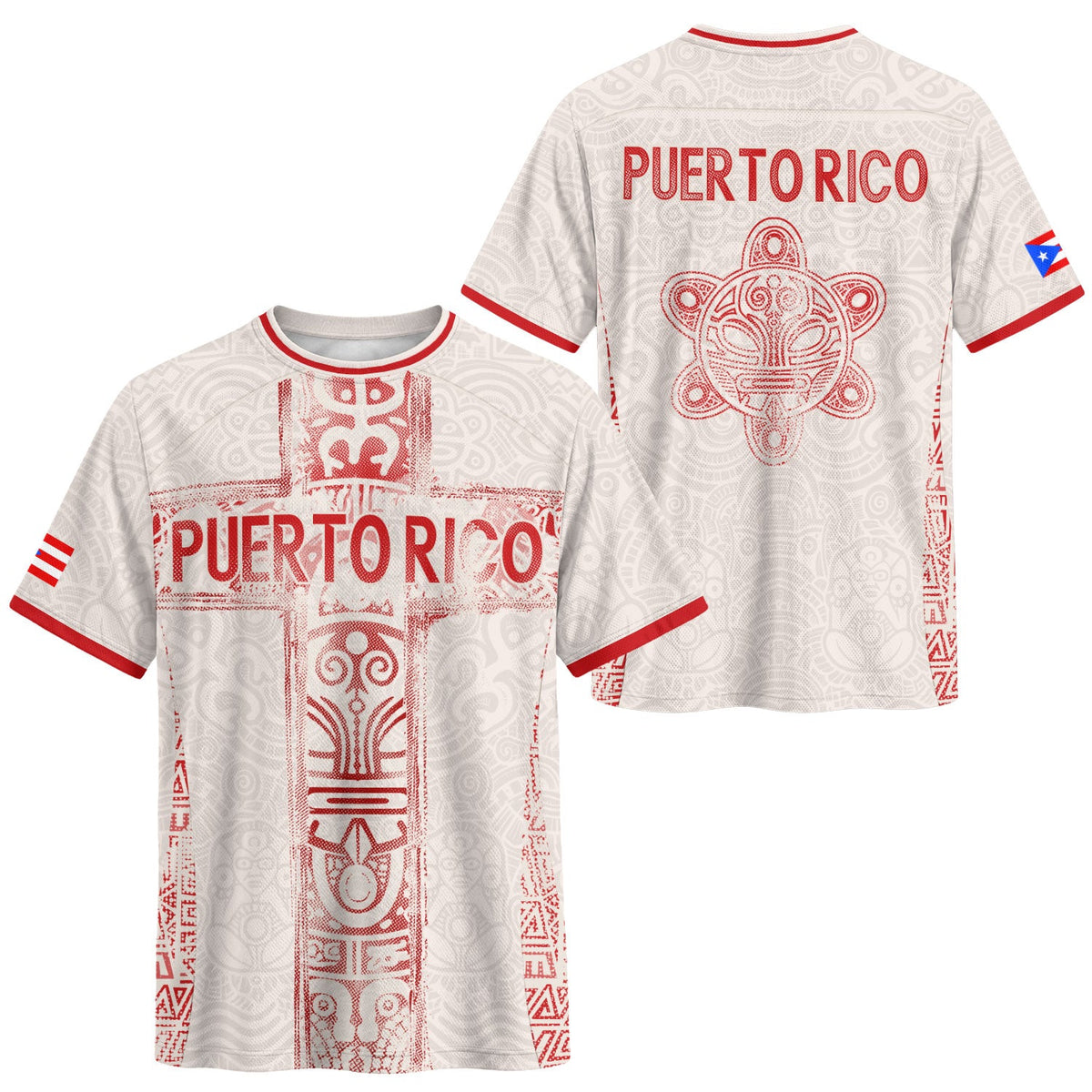 Puerto Rico Soccer Jersey in Beige Red for Men and Women, Taino Cross Turtle Tribal Pride Apparel, Puerto Rico Shirt, Puerto Rico Jersey, Northryn Co.