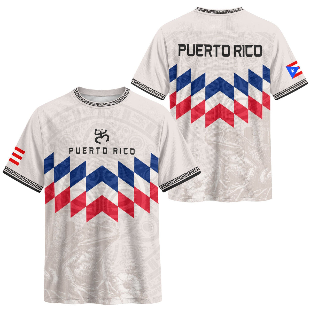 Geometric Coqui Beige Red Puerto Rico Soccer Jersey for Men and Women, Blue Tribal Pride Apparel, Puerto Rico Jersey, Puerto Rico Shirt, Northryn Co.