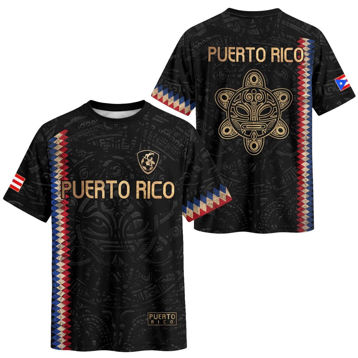 Puerto Rico Soccer Jersey with Taino Turtle for Men and Women, Black Gold Chevron Pride, Top Puerto Rico Shirt and Puerto Rico Jersey, Northryn Co.
