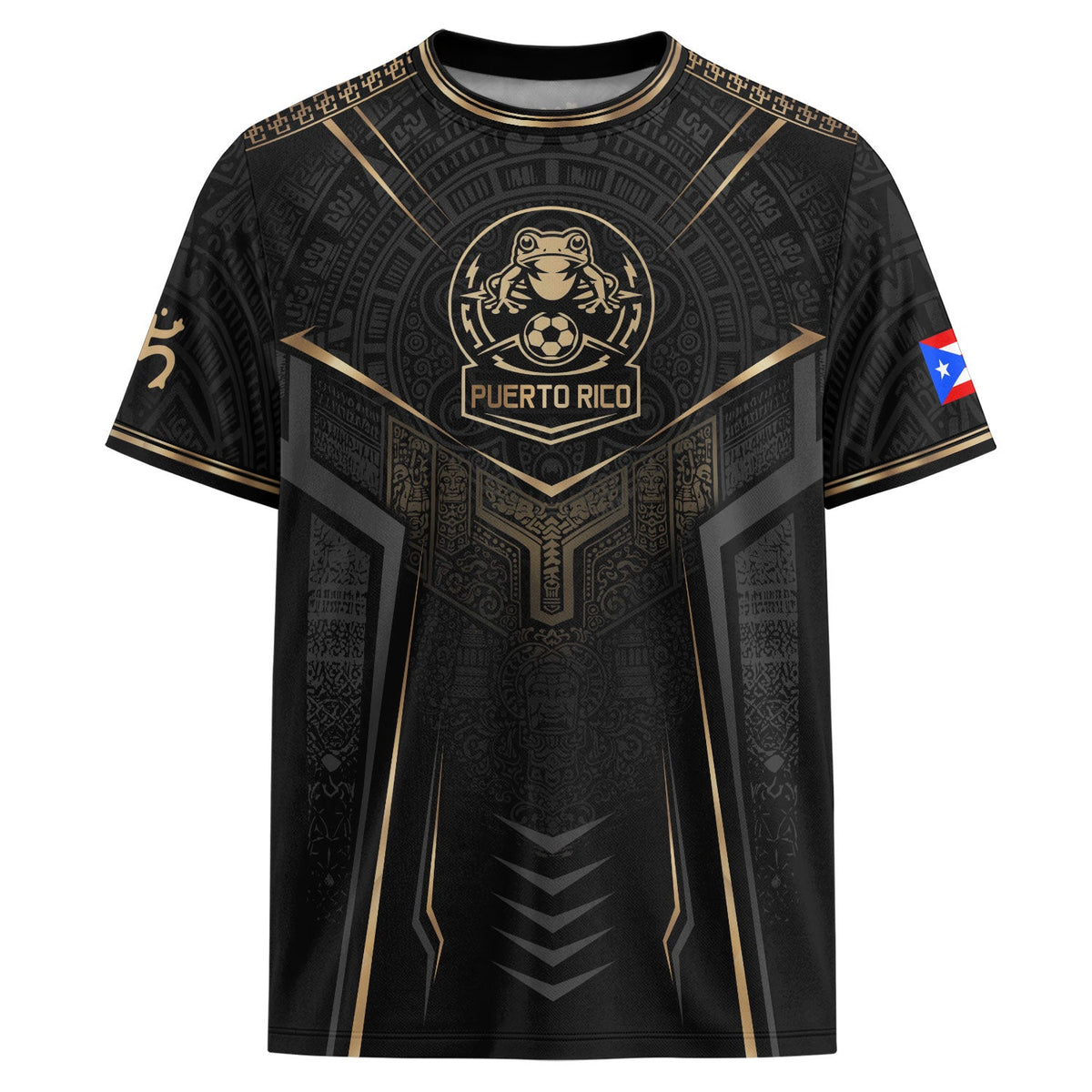 Taino Sun Black Gold Puerto Rico Soccer Jersey for Men and Women, Coquí Frog Crest - Tribal, Puerto Rico Shirt and Puerto Rico Jersey, Northryn Co.