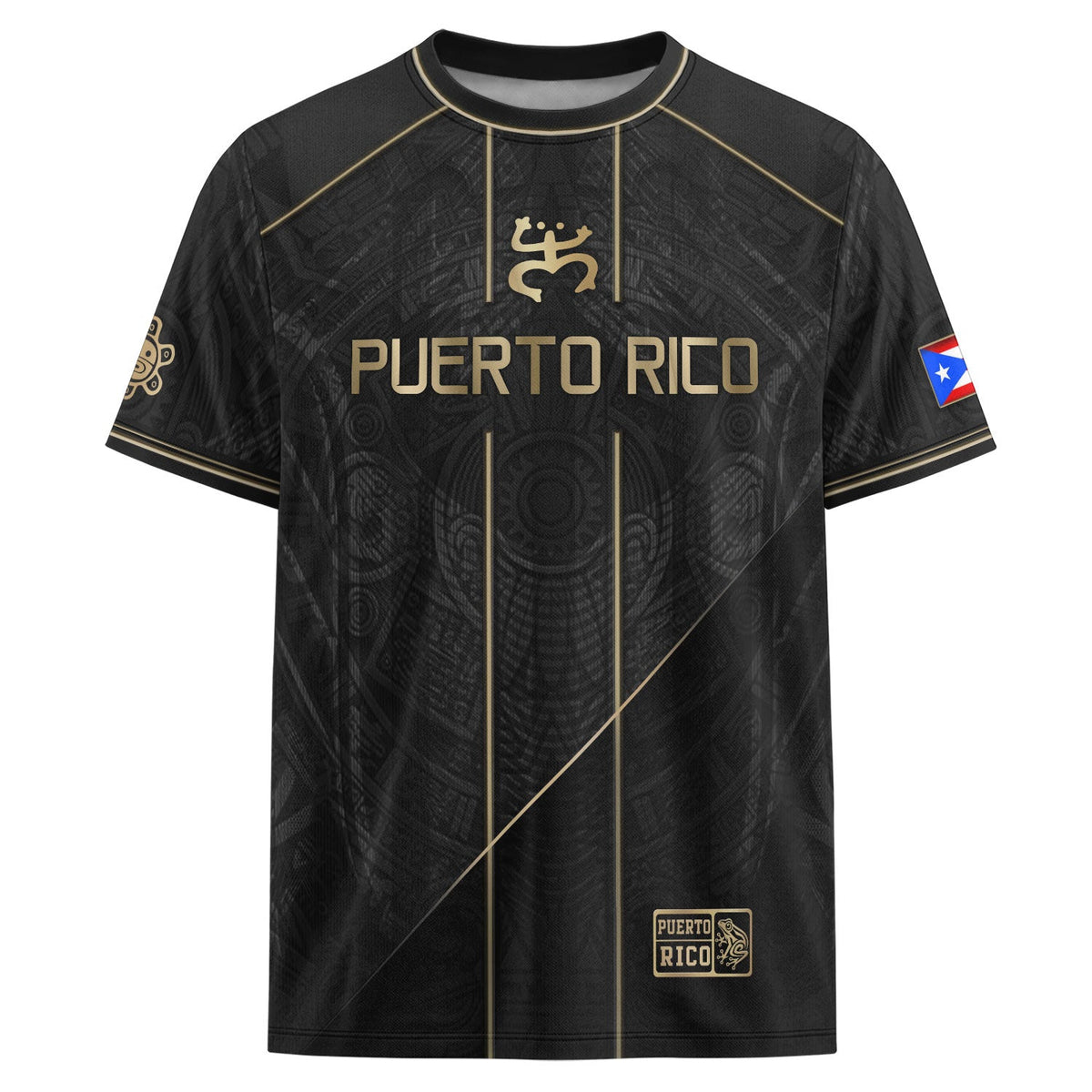 Puerto Rico Soccer Jersey with Taino Coquí for Men and Women, Black Gold Flag, Standout Puerto Rico Shirt with Puerto Rico Jersey Pride, Northryn Co.