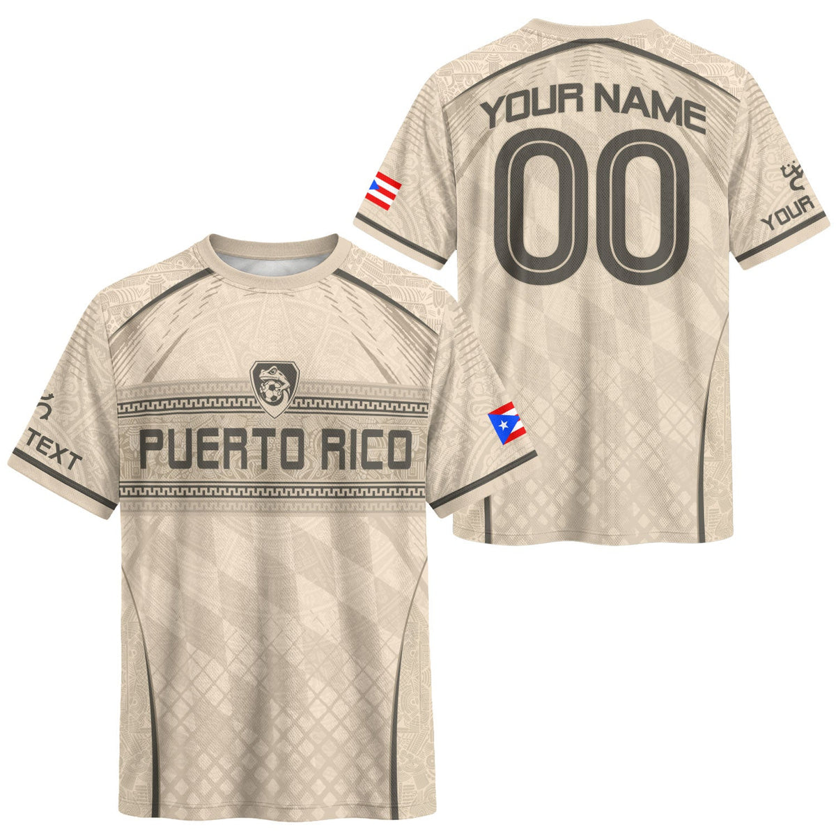 Custom Puerto Rico Soccer Jersey, Beige Charcoal Taino Pattern, Puerto Rico Shirt for Men and Women as a Personalized Football Jersey, Northryn Co.