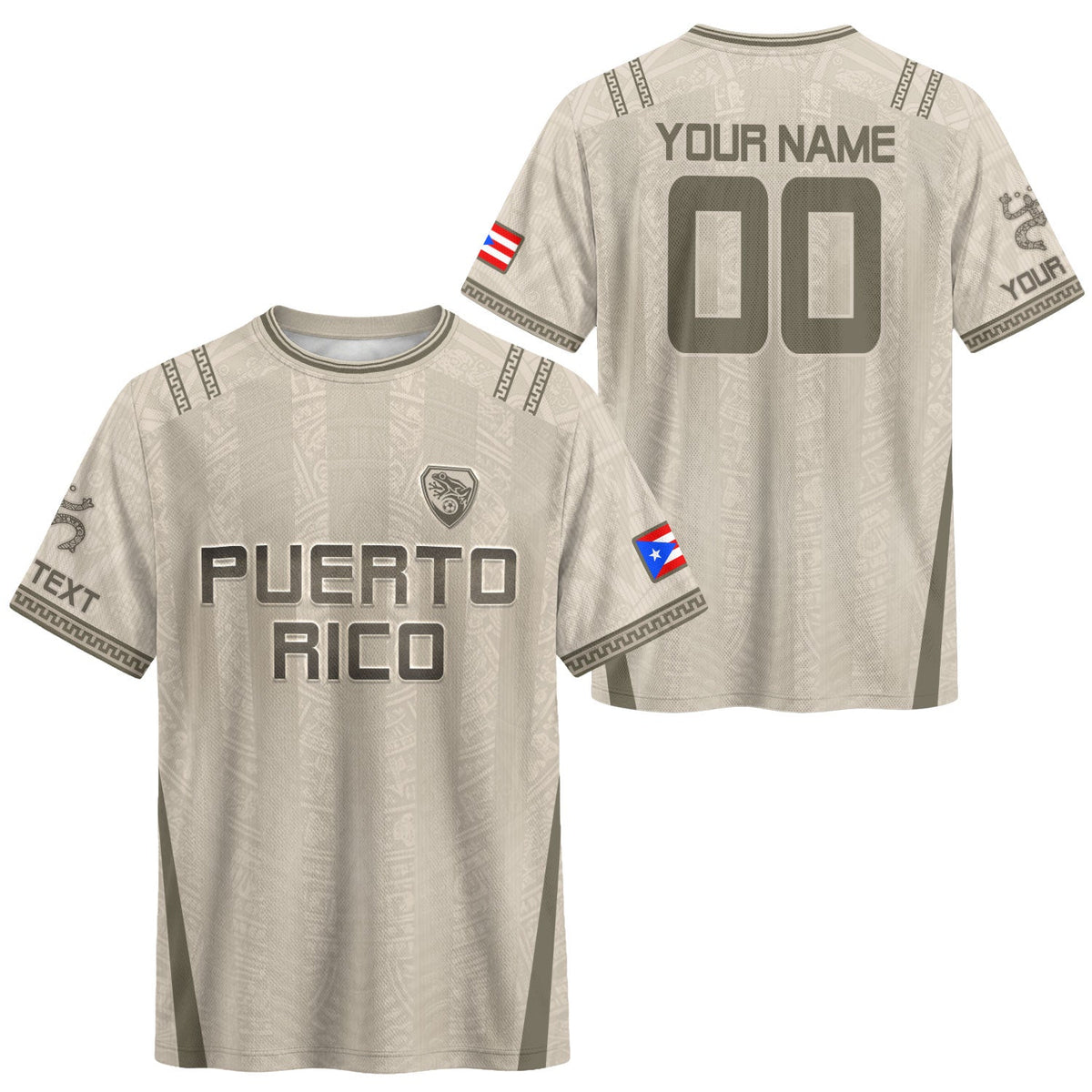 Custom Puerto Rico Soccer Jersey, Beige Grey Taino Tribal Print, Puerto Rico Shirt for Men and Women as a Personalized Football Jersey, Northryn Co.