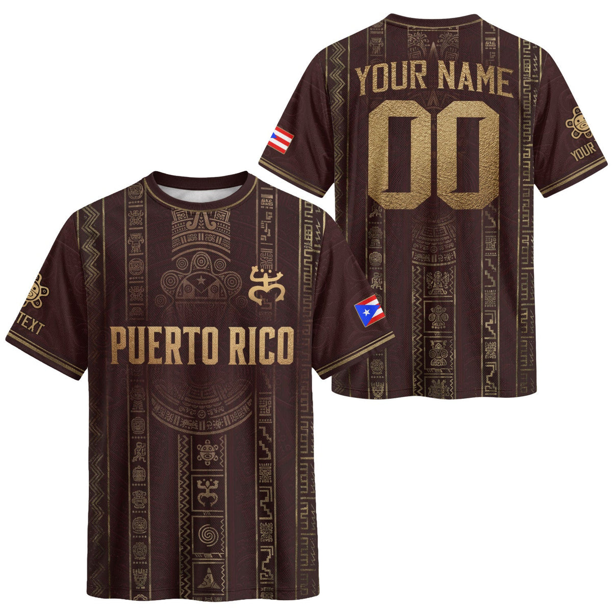 Custom Puerto Rico Soccer Jersey for Men and Women, Maroon Gold Taino Petroglyph, Personalized Football Jersey as a Puerto Rico Shirt, Northryn Co.