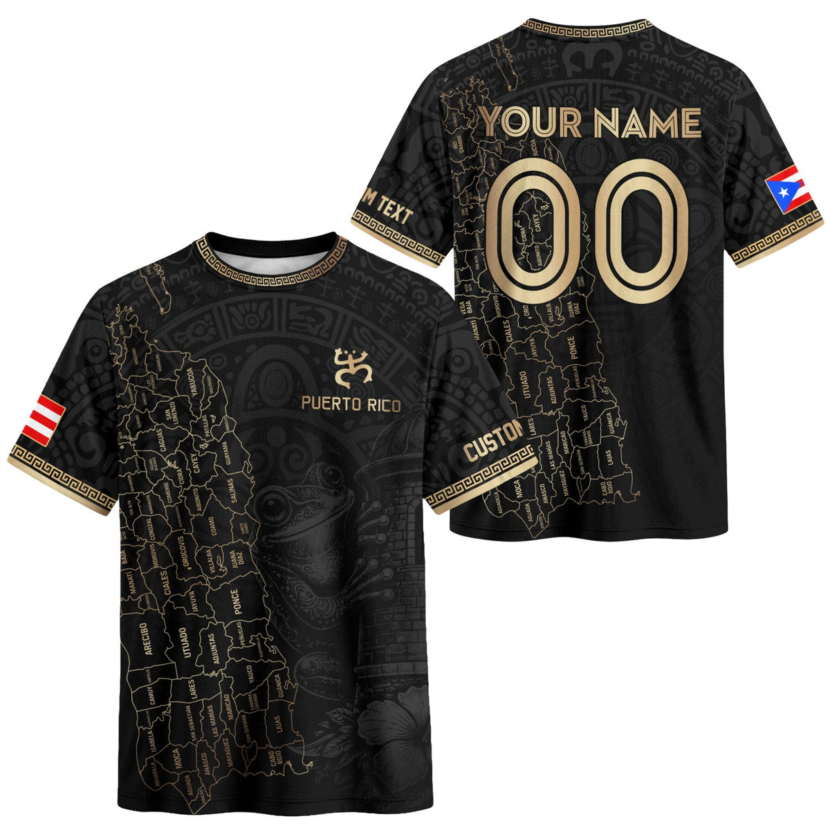 Custom Puerto Rico Soccer Jersey, Black Gold Towns Map Coqui Frog, Puerto Rico Shirt for Men and Women as a Personalized Football Jersey, Northryn Co.